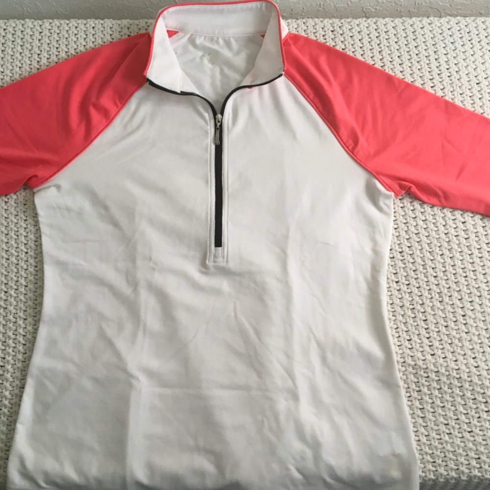 JOFIT ATHLETIC DRYFIT SHORT SLEEVE SHIRT, CORAL AND WHITE SIZE MEDIUM